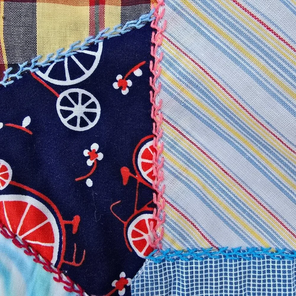 Vintage Crazy Quilt Top 1940s 50s Feedsack Patchwork Hand Embroidery 66x85